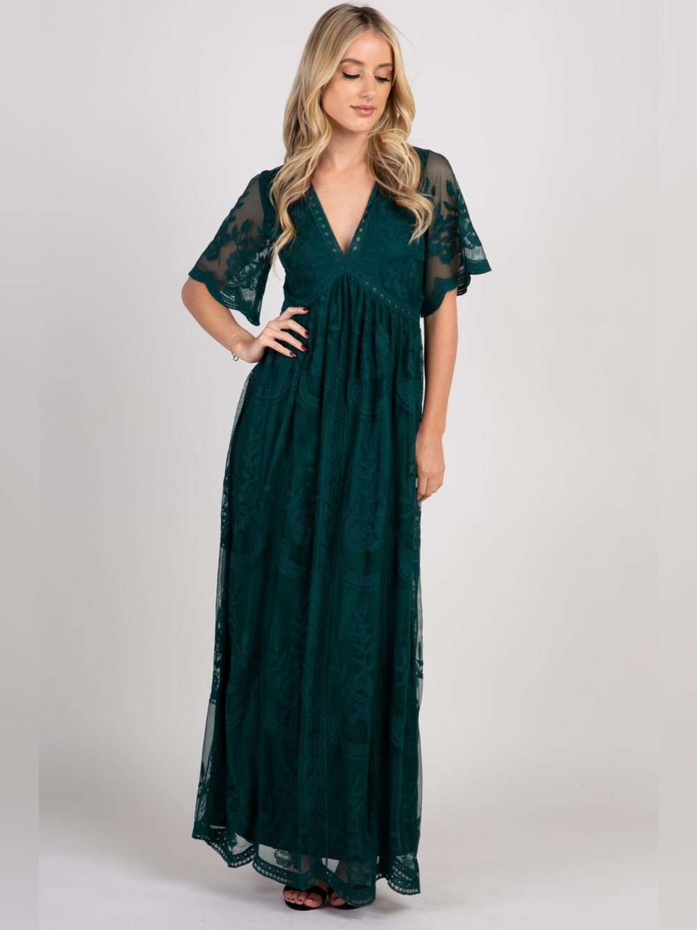 PinkBlush Forest Green Lace Mesh Overlay Maxi Dress